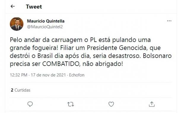 Maurício Quintella chama Bolsonaro de genocida em postagem