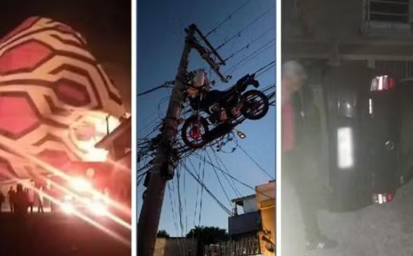 [Vídeo] Balão cai sobre imóveis e creche, arrasta carro, ergue moto e atinge rede elétrica em SP