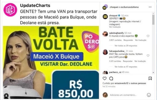 É meme? Excursão em van para 'ver Deolane' no presídio custa R$ 850