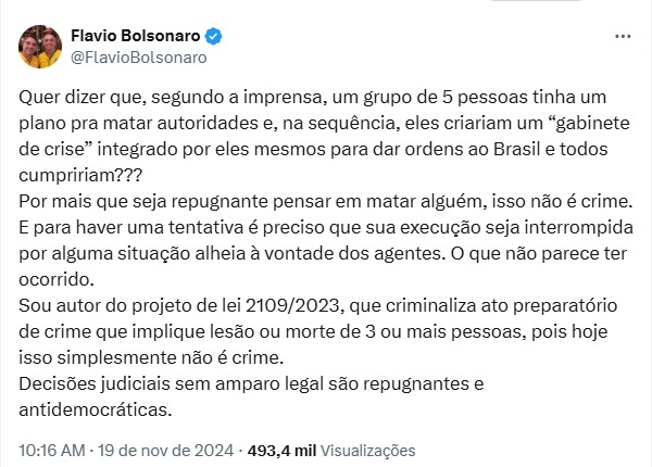 Flavio Bolsonaro: 'Pensar em matar alguém não é crime'