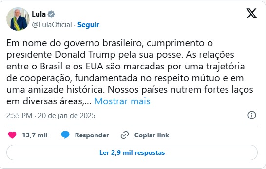 Lula cumprimenta Trump após posse e deseja 'mandato exitoso'