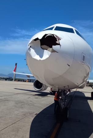 Avião da Latam retorna ao Galeão após colisão com pássaro; bico da aeronave ficou destruído