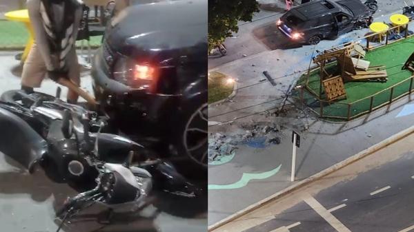 [Vídeo] Carro desgovernado invade praça revitalizada em Maceió e destrói moto de entregador