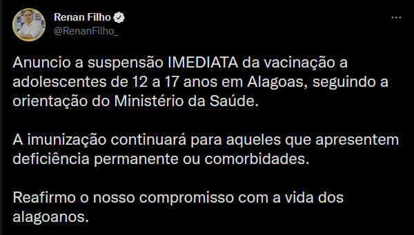 Alagoas suspende vacinação contra a Covid para adolescentes